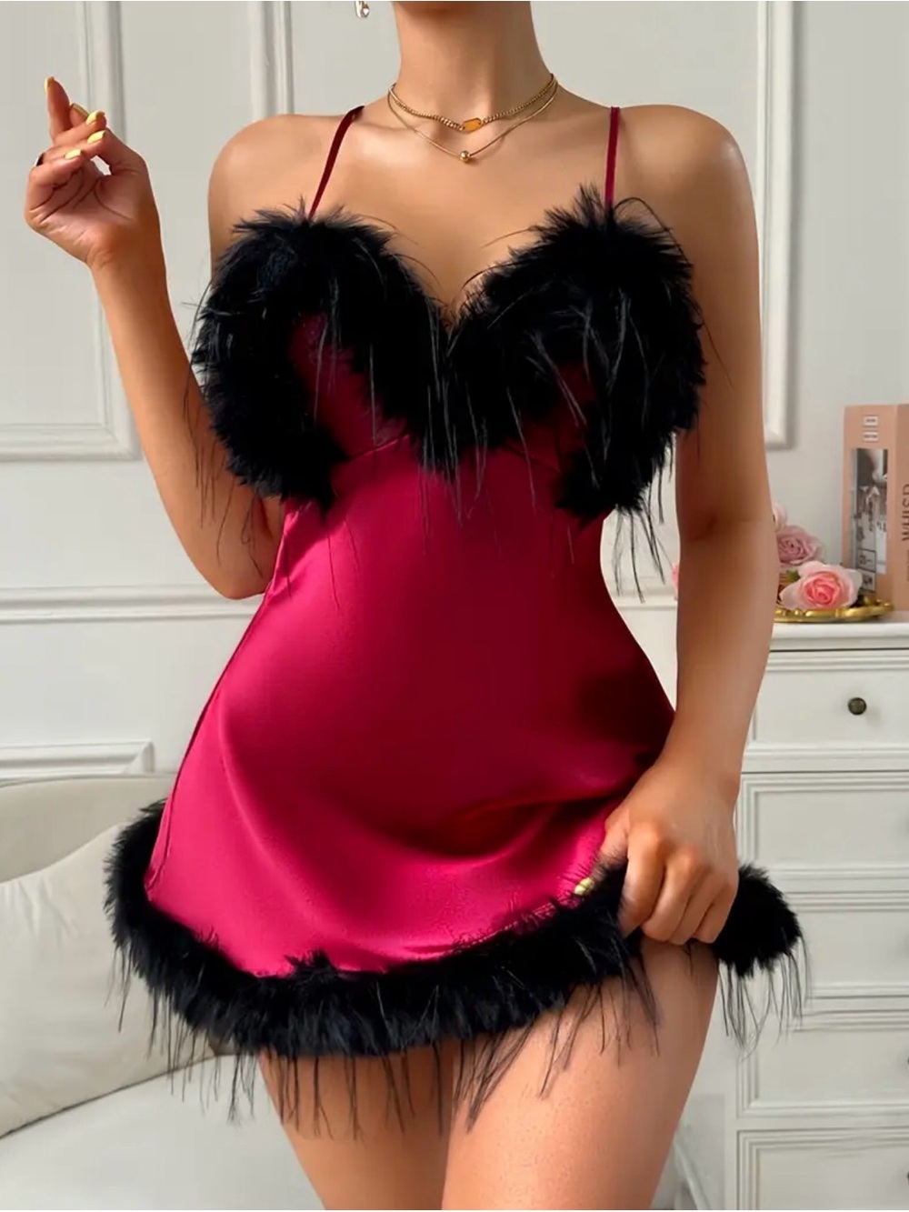 Plush Trim Satin Chemise - Burgundy